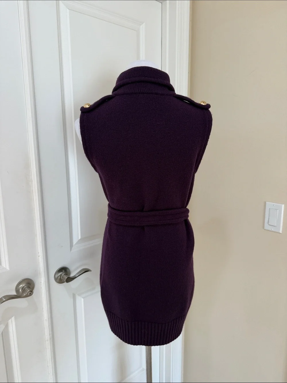 Tory Burch Purple Belted Zip Front 100% Merino Wool Sweater Vest Cardigan Large